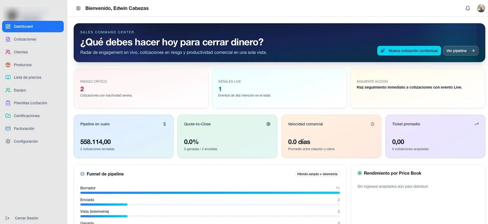 Tablero comercial del sistema de cotizaciones con pipeline, riesgo y velocidad comercial