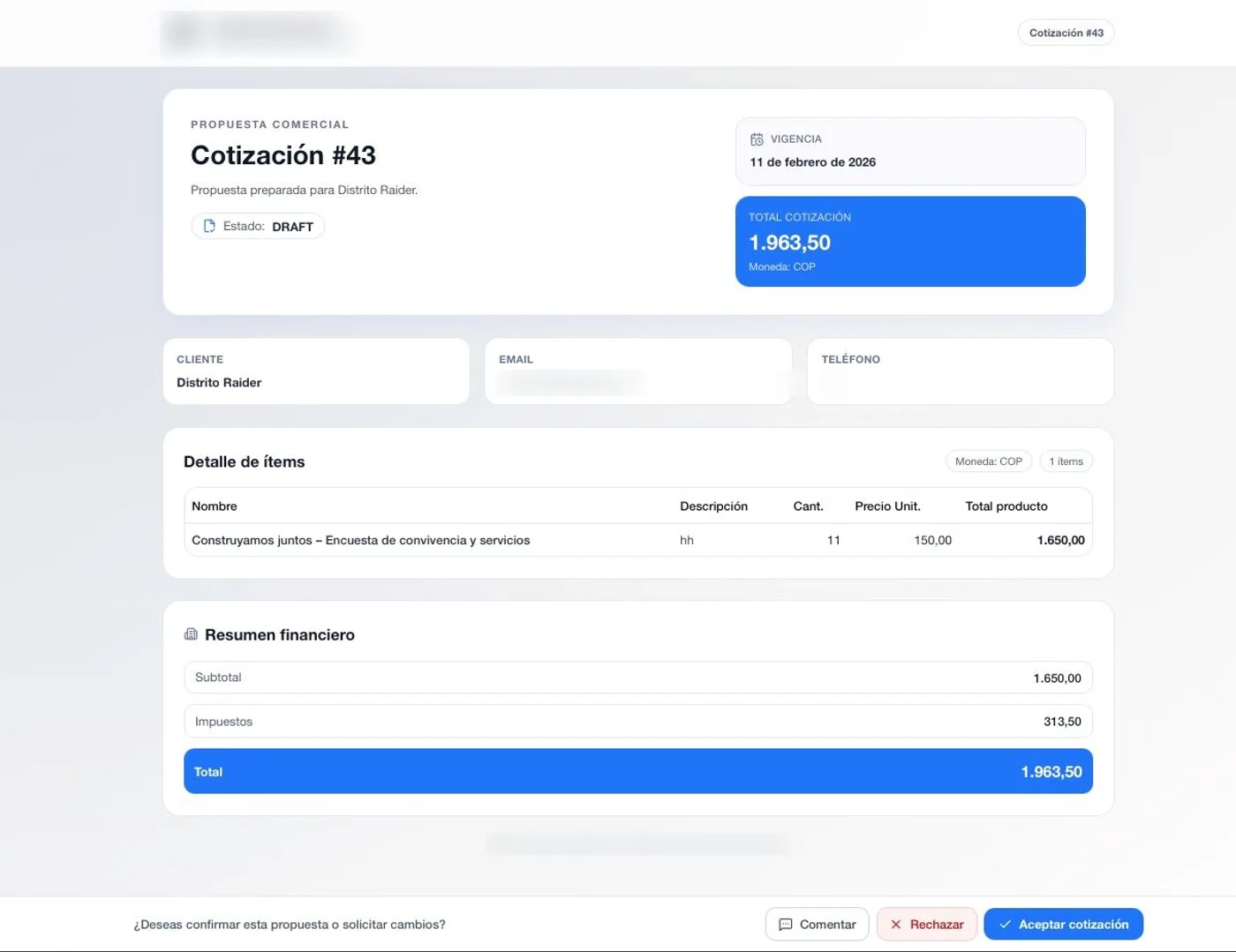 Portal de propuesta comercial donde el cliente acepta, rechaza o comenta la cotización